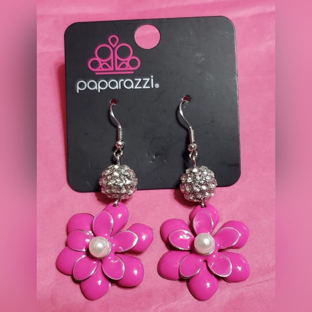 paparazzi Hot Pink Floral Drop Earrings with Rhinestone Accent